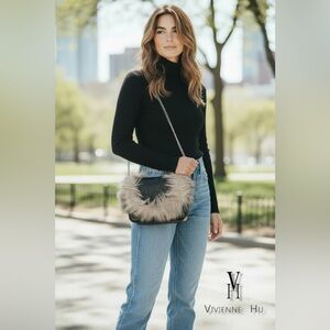 Vivienne Hu Black Crocodile and Gray Fur-Trimmed Women's Bag BRAND NEW LUXURY!